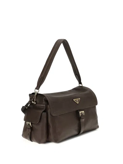 Prada Explore Large Leather Shoulder With Flap Bags In Brown