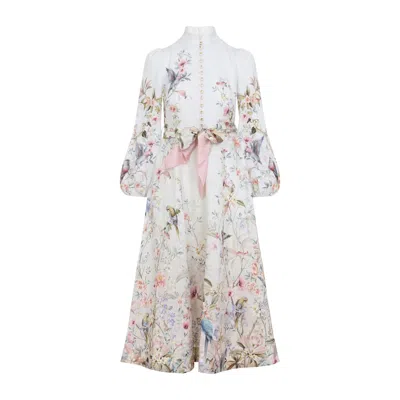 Zimmermann Rebellion Multicolor Midi Dress With Bow Detail On The Front And All-over Floral Print In Linen Woma In Multi