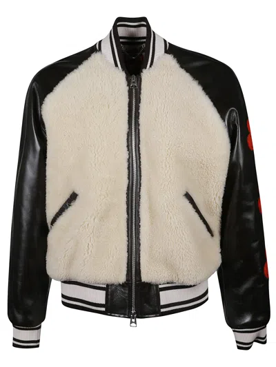 Kenzo Beige Shearling-effect And Brown Leather Bomber Jacket In Black