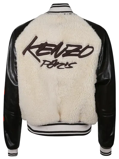 Kenzo Beige Shearling-effect And Brown Leather Bomber Jacket In Black