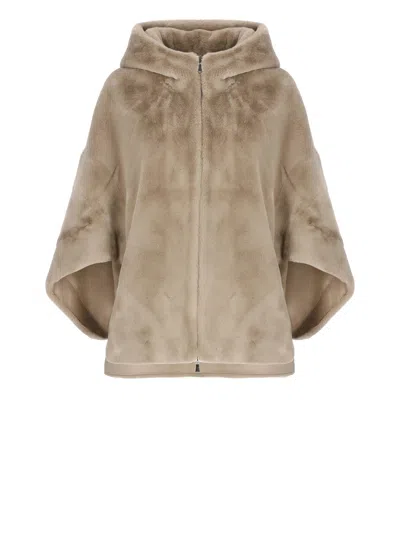 Betta Corradi Faux-fur Hooded Three-quarter Sleeve Jacket In Brown