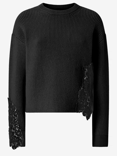 Pinko Stretch Wool Blend Sweater With Lace In Black