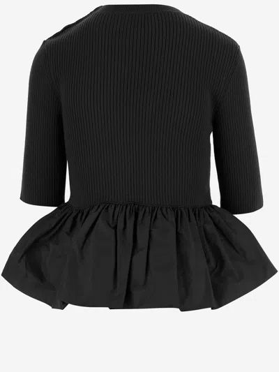 Patou Ribbed Sweater With Ruffled Hem In Wool And Faille In Black