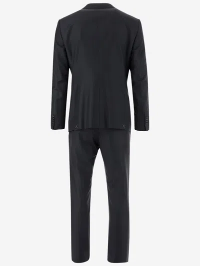 Giorgio Armani Official Store Soho Line Single-breasted Suit In Pinpoint-effect Virgin-wool Serge In Blue