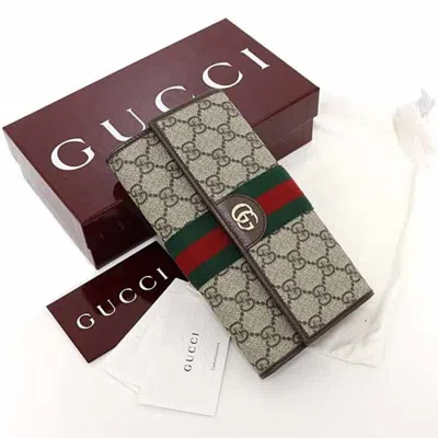 Pre-owned Gucci Gg Supreme Beige Dark Brown Gg Supreme Long Wallet (bi-fold) () In Multi