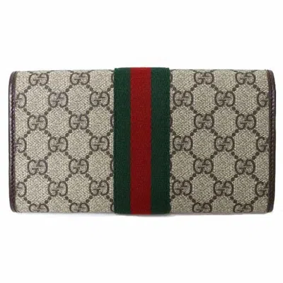 Pre-owned Gucci Gg Supreme Beige Dark Brown Gg Supreme Long Wallet (bi-fold) () In Multi