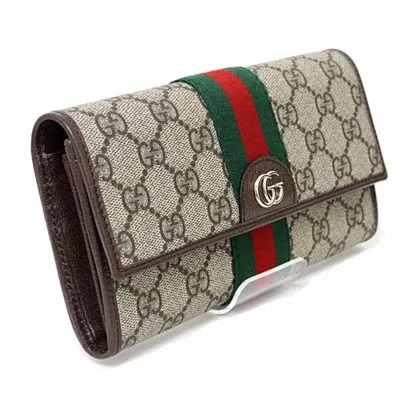 Pre-owned Gucci Gg Supreme Beige Dark Brown Gg Supreme Long Wallet (bi-fold) () In Multi