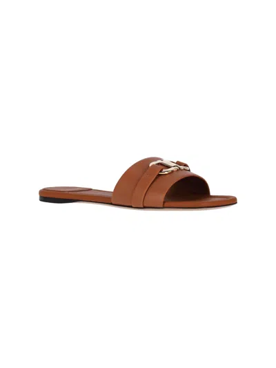 Ferragamo Leather Flat Sandals With Logo In Brown