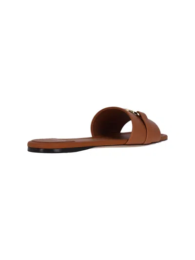 Ferragamo Leather Flat Sandals With Logo In Brown