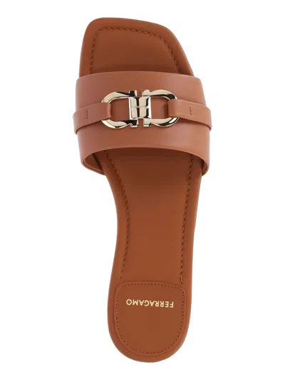 Ferragamo Leather Flat Sandals With Logo In Brown