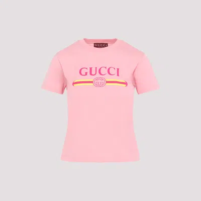 Gucci Women Pink Crewneck T-shirt With Logo Print On The Front In Cotton Woman