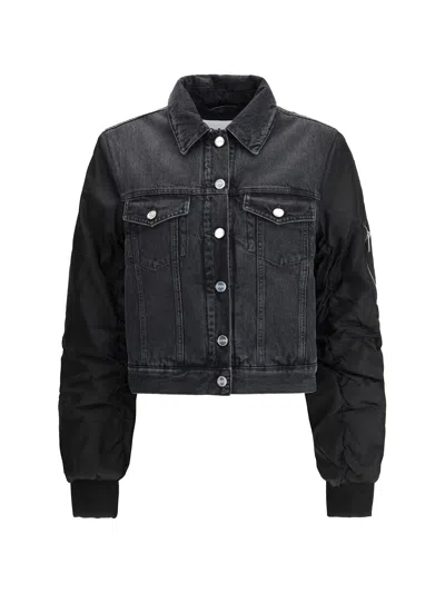Ganni Modern Denim Jacket Contrast Sleeves In Black
