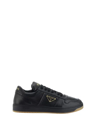 Prada Enamel-triangle Leather Sneakers In Black