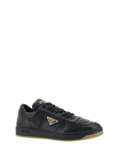 Prada Enamel-triangle Leather Sneakers In Black