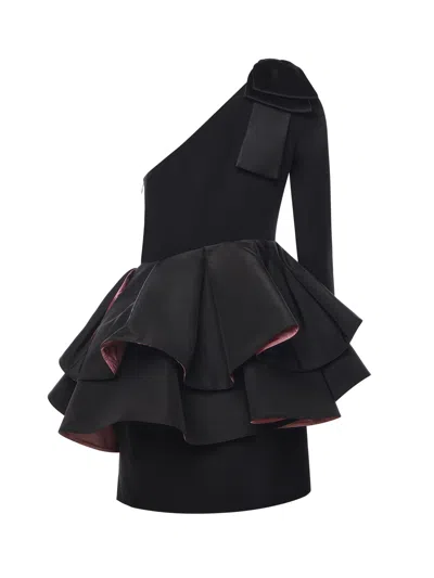 Valentino One-shoulder Dress With Ruffles In Black