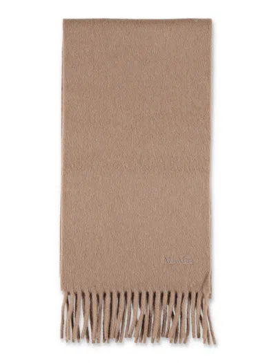 Max Mara Wool Scarf With Embroidered Logo In Brown