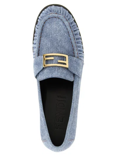 Fendi Baguette Denim Loafers Gold Tone Hardware In Blue