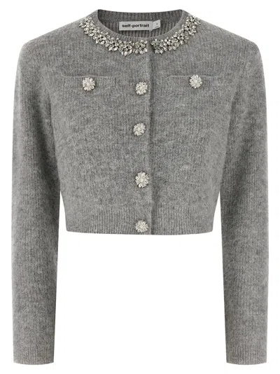 Self-portrait Grey Fluffy Crystal Trim Cardigan In Gray