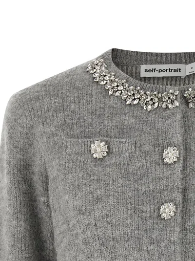 Self-portrait Grey Fluffy Crystal Trim Cardigan In Gray