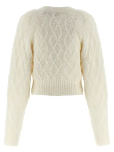 Rotate Birger Christensen Knit Cardigan Cable Pattern Ribbed Trims V Neck In White