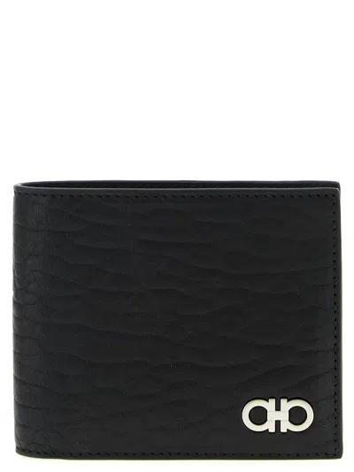 Ferragamo Revival Black Wallet With Gancini Buckle On The Front In Hammered Leather Man In Black