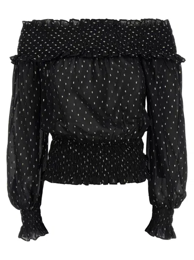 Self-portrait Black And Gold Chiffon Top In Black