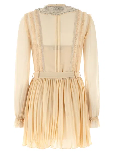 Self-portrait Tan Pleated Georgette Mini Dresses Yellow In Yellow