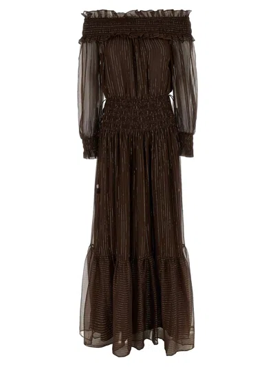 Self-portrait Brown Georgette Off Shoulder Maxi Dress In Brown