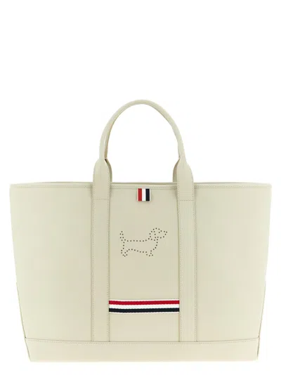 Thom Browne Medium Tool Bag With Perforated Hector In Grained Leather In White
