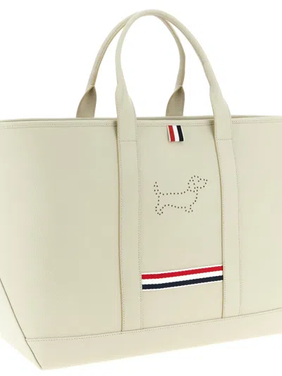 Thom Browne Medium Tool Bag With Perforated Hector In Grained Leather In White