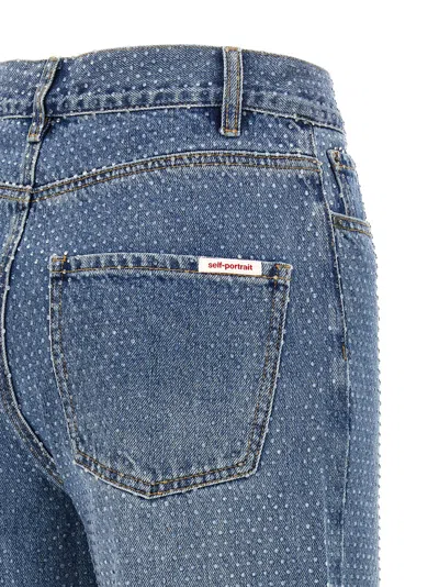 Self-portrait Rhinestone Denim Straight Leg Jeans In Blue