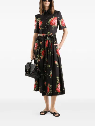 Dolce & Gabbana Belted Gathered Floral-print Cotton-poplin Midi Dress In Black