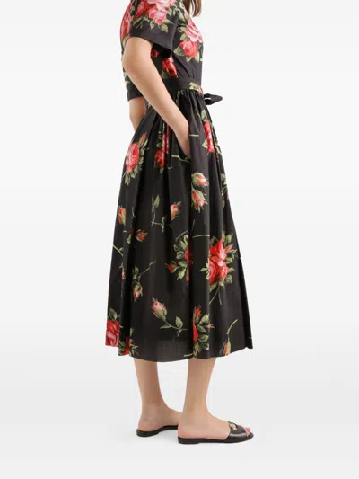 Dolce & Gabbana Belted Gathered Floral-print Cotton-poplin Midi Dress In Black