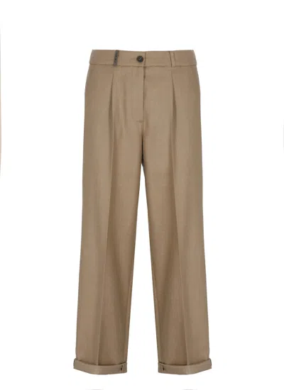 Peserico Wool Trousers Pleated Front Cuffed Hem In Brown