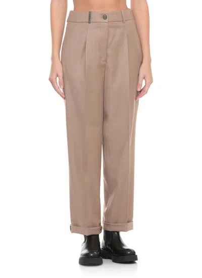 Peserico Wool Trousers Pleated Front Cuffed Hem In Brown