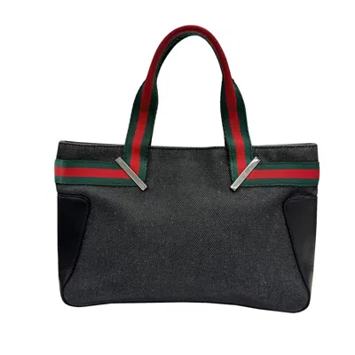 Pre-owned Gucci Sherry Line Black Denim Leather Handbag Tote Bag ()