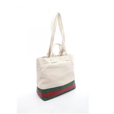 Pre-owned Gucci Sherry Line Green Ivory Red Color Canvas Tote Bag ()