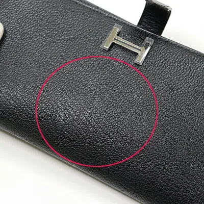 Pre-owned Hermes Bearn Black Chevre Myzore Leather Long Wallet (bi-fold) ()