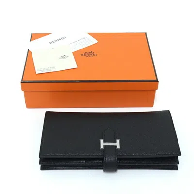 Pre-owned Hermes Bearn Black Chevre Myzore Leather Long Wallet (bi-fold) ()