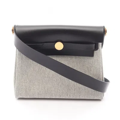 Pre-owned Hermes Beige Black Canvas Leather Clutch Bag () In Multi