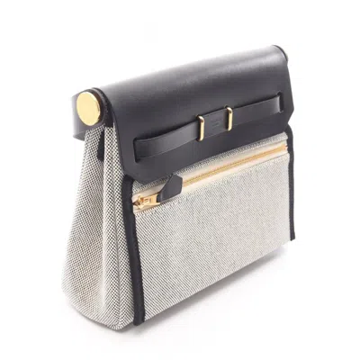 Pre-owned Hermes Beige Black Canvas Leather Clutch Bag () In Multi