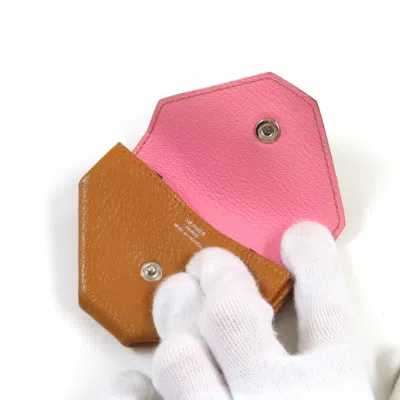 Pre-owned Hermes Bicolor Brown Pink Chevre Myzore Leather Coin Purse/coin Case ()