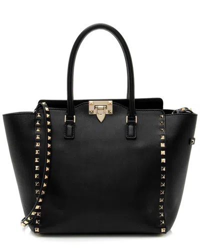 Valentino Black Calfskin Rockstud Double Handle Medium Tote (authentic Pre-  Loved) In Black