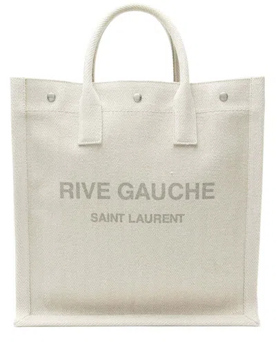 Saint Laurent Linen Calfskin Rive Gauche N/s Tote (authentic Pre-loved) In White