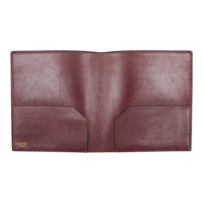 Pre-owned Hermes Bordeaux Red Color Wine Box Calf Leather Wallet (bi-fold) ()