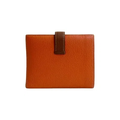 Pre-owned Hermes Brown Orange Chevre Myzore Leather Wallet (bi-fold) () In Multi