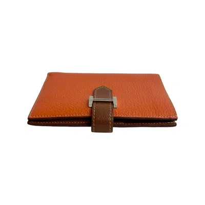Pre-owned Hermes Brown Orange Chevre Myzore Leather Wallet (bi-fold) () In Multi