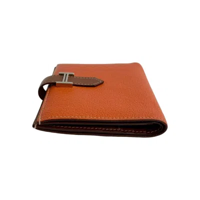 Pre-owned Hermes Brown Orange Chevre Myzore Leather Wallet (bi-fold) () In Multi