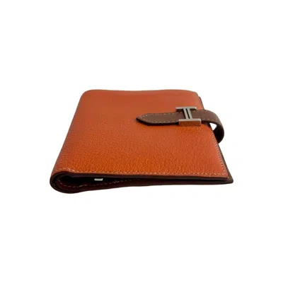 Pre-owned Hermes Brown Orange Chevre Myzore Leather Wallet (bi-fold) () In Multi