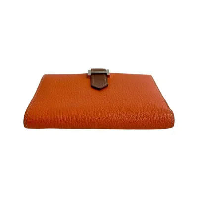 Pre-owned Hermes Brown Orange Chevre Myzore Leather Wallet (bi-fold) () In Multi